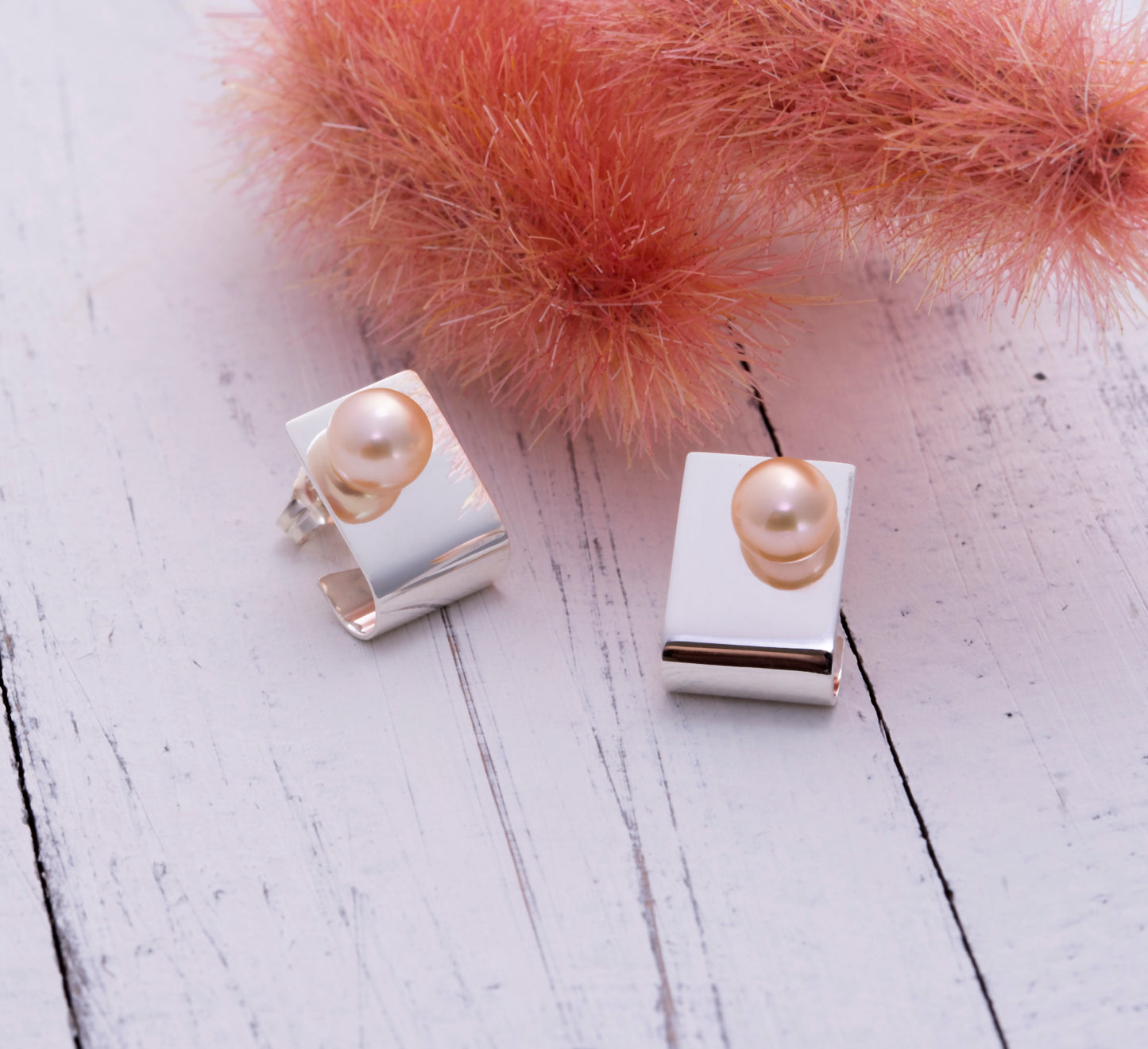 Sterling Silver Square Stud Earrings With Pearls