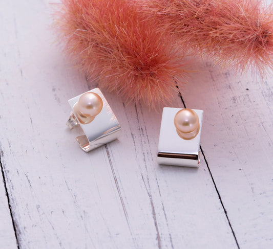 Sterling Silver Square Stud Earrings With Pearls