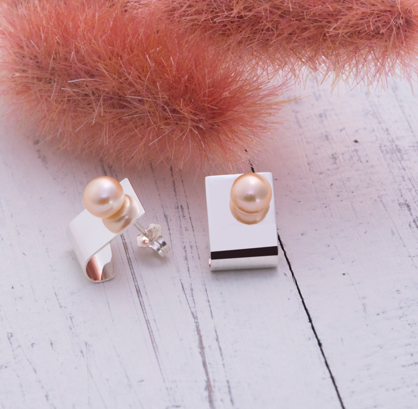 Sterling Silver Square Stud Earrings With Pearls