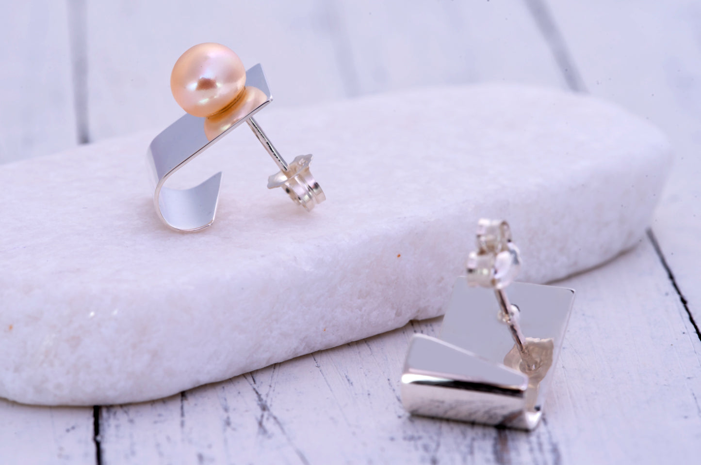 Sterling Silver Square Stud Earrings With Pearls