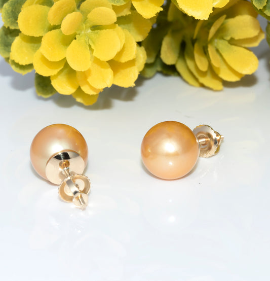 14K Yellow Gold Stud Earrings With Round Gold South Sea Pearls