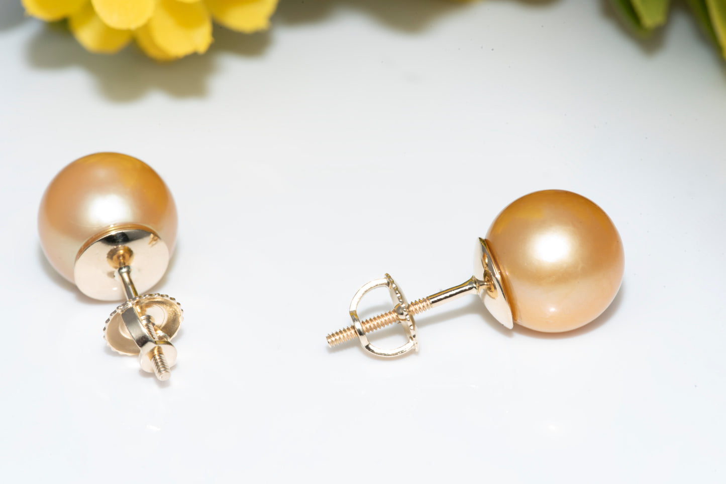 14K Yellow Gold Stud Earrings With Round Gold South Sea Pearls