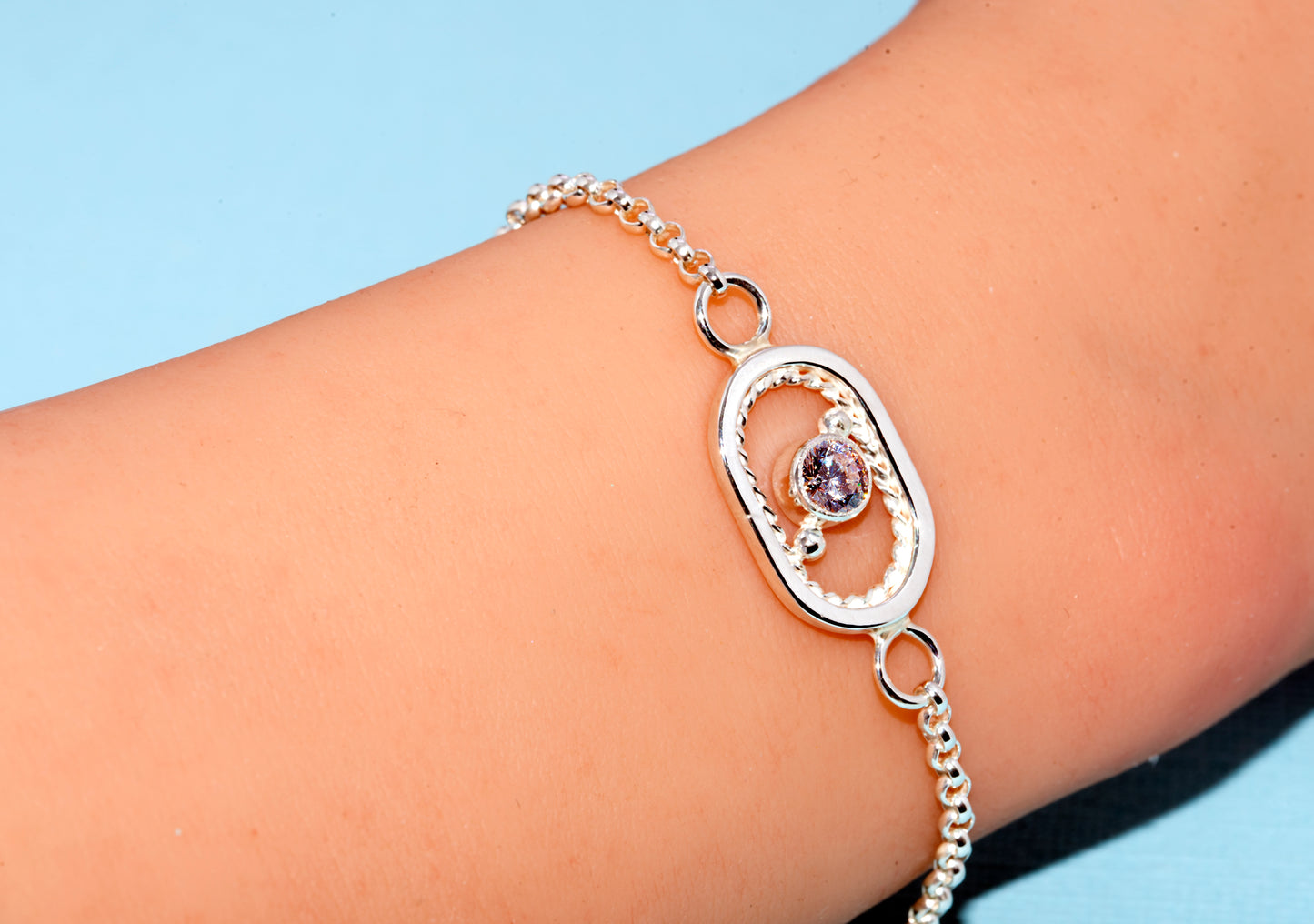 Sterling Silver Oval Shape Bracelet with Cubic Zirconia