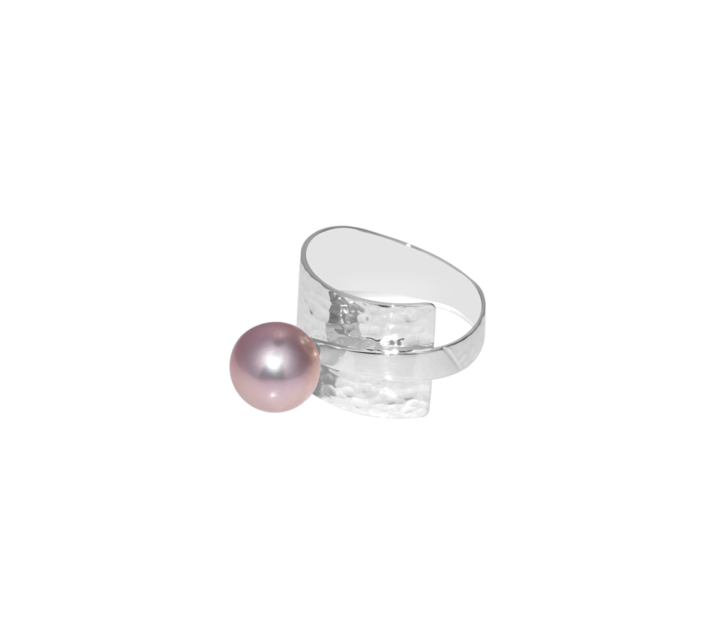 Sterling Silver Wide Hammered Shank Ring With Pink Pearl