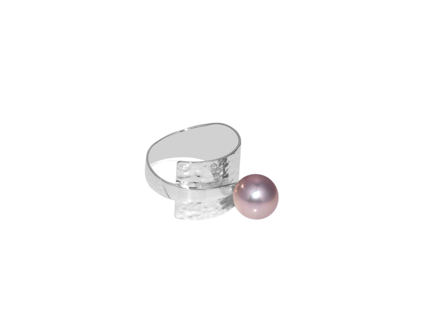 Sterling Silver Wide Hammered Shank Ring With Pink Pearl