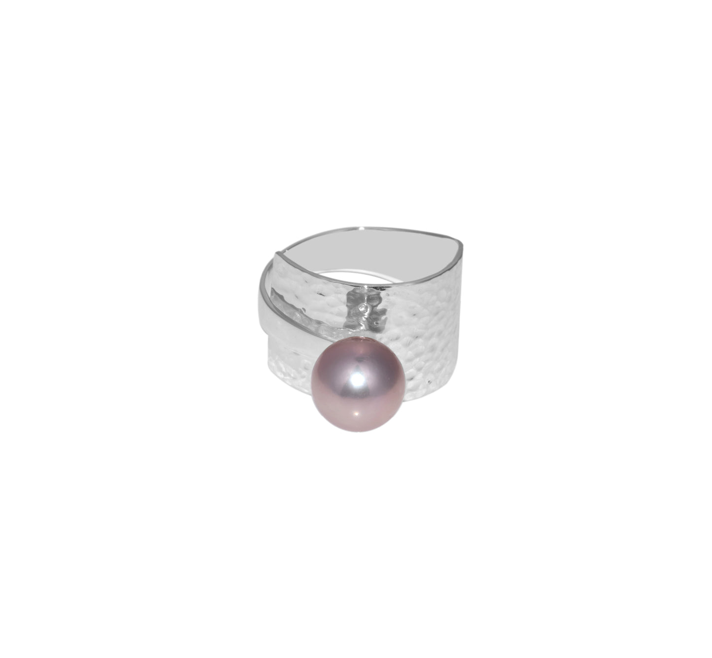 Sterling Silver Wide Hammered Shank Ring With Pink Pearl