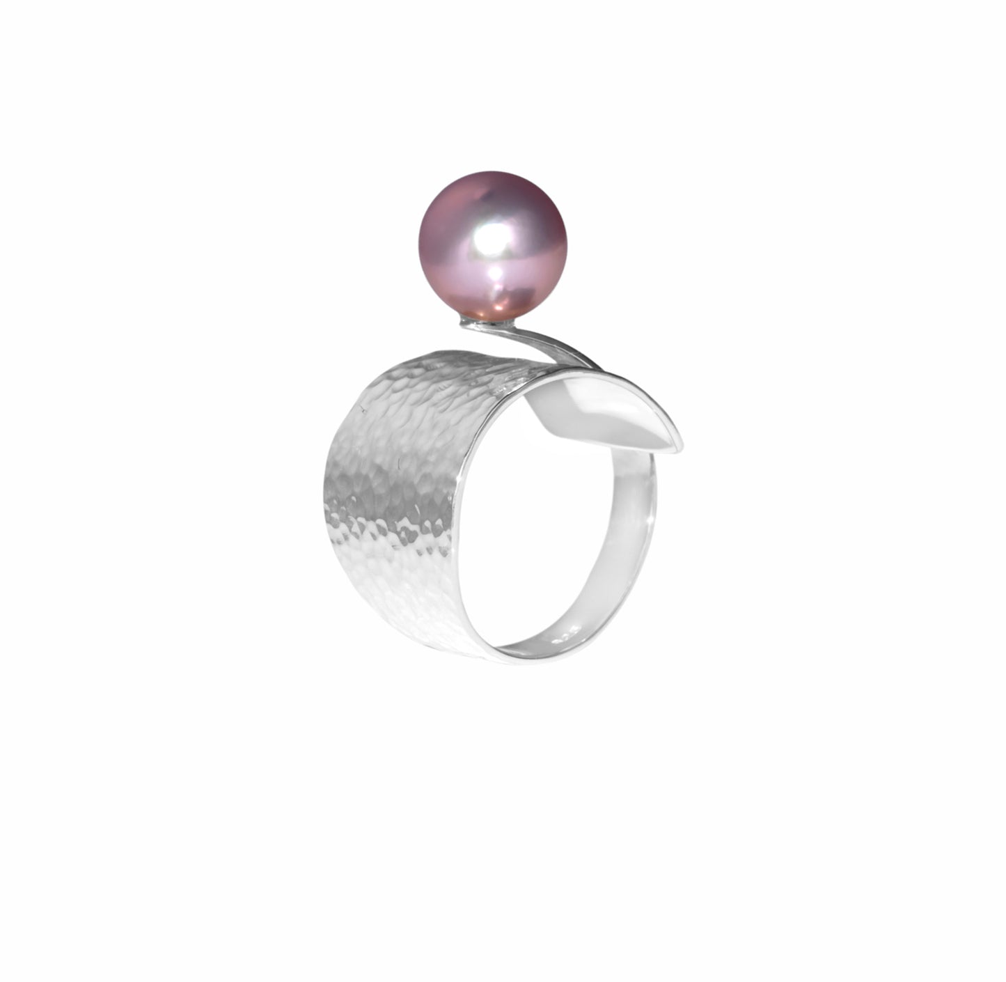 Sterling Silver Wide Hammered Shank Ring With Pink Pearl