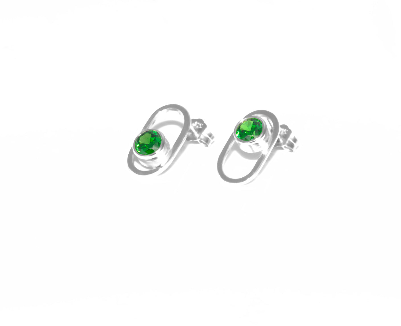 Sterling Silver Small Oval Earrings With Green Cubic Zirconia